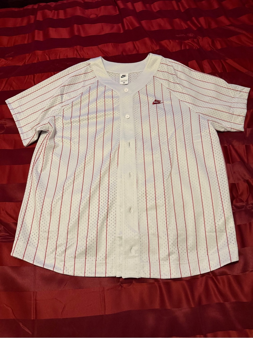 Nike White Baseball-Style Pinstripe Jersey with Red Logo
